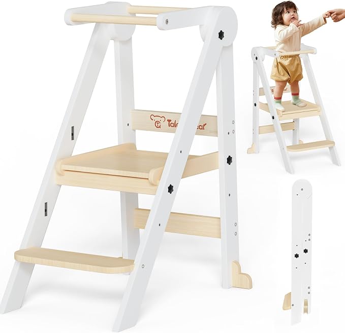 Foldable Toddler Kitchen Stool Helper with 3 Adjustable Heights,Aged 1-6 | CPSC Test,Wooden Collapsible Toddler Tower with Safety Rails&Feet,Wide Pedal,for Kitchen Cooking, Baking or Washing Hands by Unknown