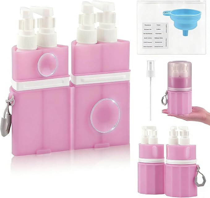 4 in 1 Wall Suction Travel Dispenser Bottles, TSA Approved Leak Proof Travel Size Toiletries Containers with Funnel Labels Bag, Refillable Shampoo Dispenser Kit, Pink by Unknown