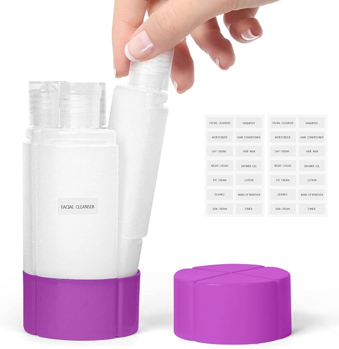 Olatay Travel Bottle, TSA approved 4-in-1 Leak-Proof Bottle, 4 * 60ml/2oz, with 2 Pre-printed Labels for Travel Gym Camping, Carry-On Travel Size Toiletries Shampoo Lotion Bottle for Women Men(Purple) by Olatay