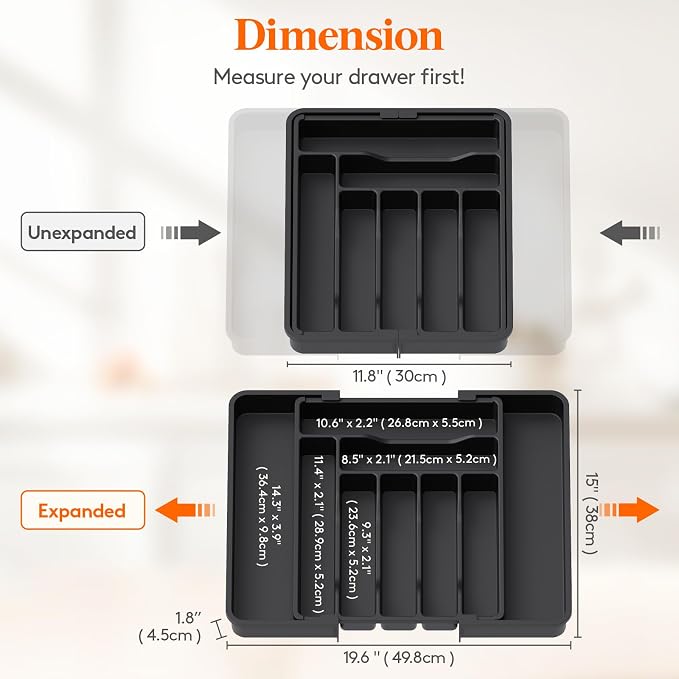 Lifewit Expandable Silverware Drawer Organizer, Kitchen Utensil Tray | BPA-free Plastic Flatware Cutlery Holder, Space-Saving Storage for Spoons Forks Knives, 11.8-19.6 x 15“, Black - Image 3