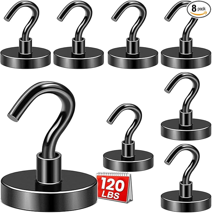DIYMAG Magnetic Hooks 8pcs 120lbs Cruise Essentials 2026 Magnet Hook Black | Neodymium Heavy Duty Strong Magnets Hanging Ship Cabins Refrigerator Fridge Classroom Beach Vacation Kitchen Grills Home Tool by DIYMAG
