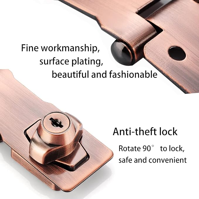 2 Packs Keyed Hasp Locks Twist Knob Keyed Locking Hasp for Small Doors, Cabinets and More,Stainless Steel Steel, Hasp Lock Catch Latch Safety Lock Door Lock with Keys (4inch, Copper) - Image 4