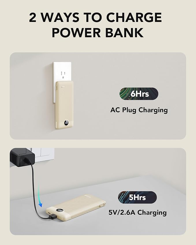 Portable Charger Built-in Cables and AC Wall Plug, USB C Power Bank 10000mAh, Travel Battery Portable Phone Charger Compact Lightweight External Battery Pack for Smart Phones, Tablets etc-Light Coffee - Image 5