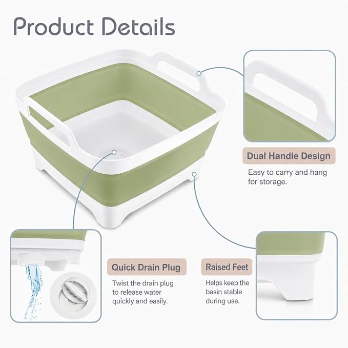 2.4 Gal(9L) Collapsible Dish Basin with Drain Plug, Space Saving Outdoor Multiuse Foldable Sink Tub, Dishpan, Kitchen Storage Tray for Camping, Vegetable Washing, RV (Green) - Image 3