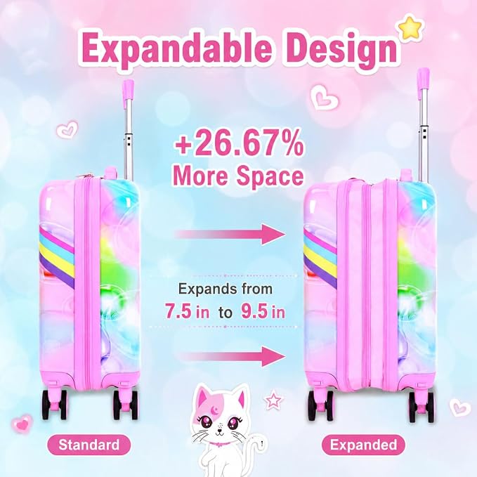 Kids Luggage Set with Wheels, Lightweight Hardshell Spinner Suitcase 2PCS - Airplane Approved Carry-On for Girls & Children Ages 3-10, Pink Cat Rolling Suitcases for Elementary Toddler Travel - Image 3