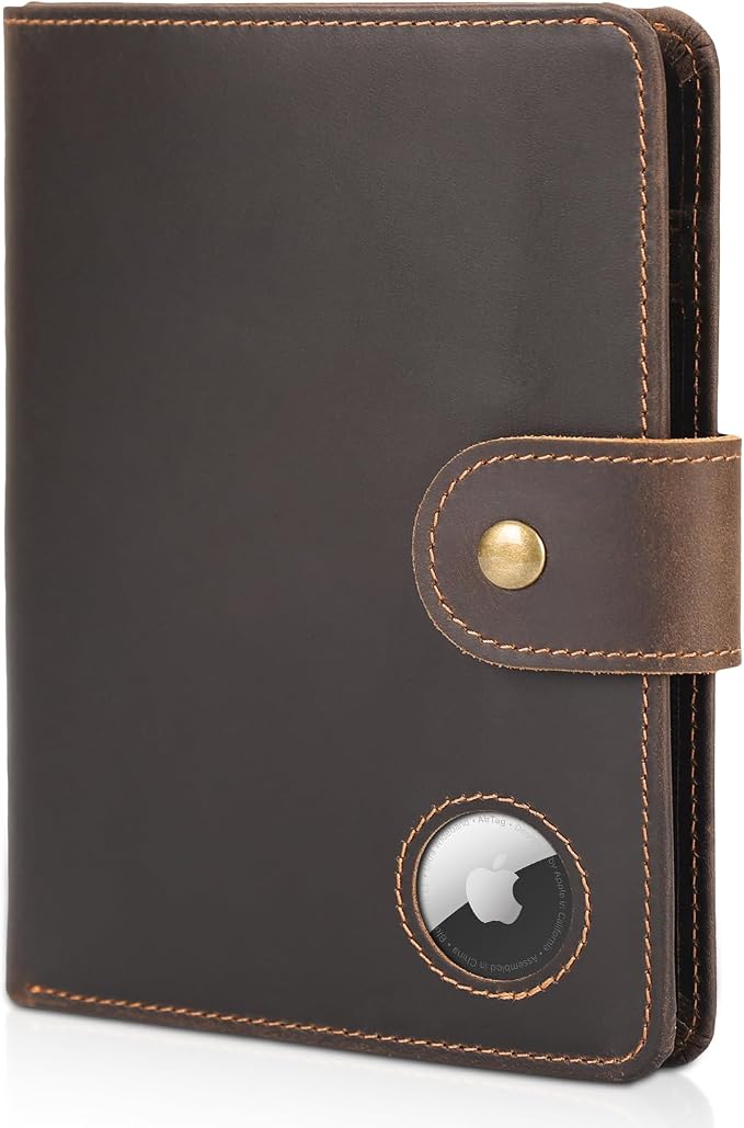 Polare Luxury RFID Blocking Leather Passport Holder Travel Wallet For Men and Women (Dark Brown with AirTag Slot(Snap Version)) by polareoriginal