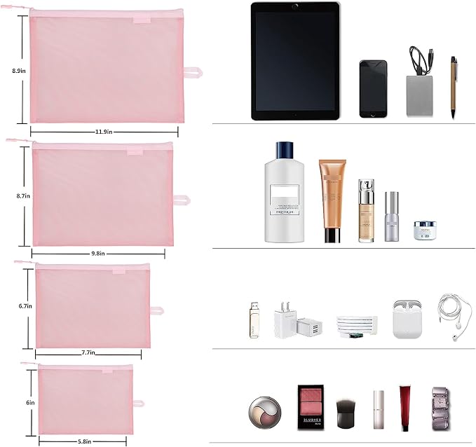 Set of 8 Travel Mesh Makeup Bag, Cosmetic Organizer Pouches with Zipper, Diaper Organizing Pouches, Nylon Toiletries Bag for Women and Men(8pcs, Pink) - Image 2