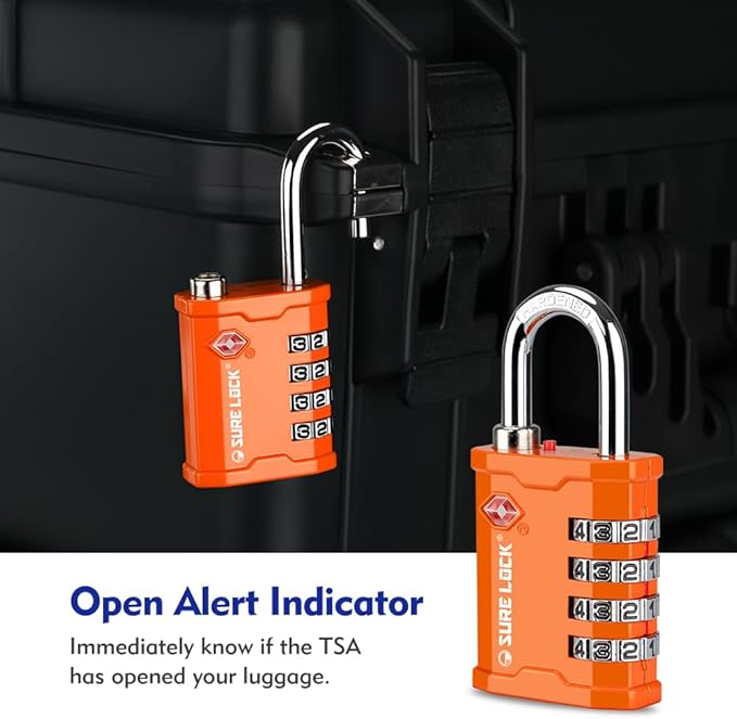 SURE LOCK TSA Approved 4 Digit Combination Lock, Heavy Duty Padlock with Red Dot Indicator for Gun Cases, Pelican Cases, Tool Boxes, Gym Lockers, Storage Units & Outdoor Gates (2, Orange) - Image 4