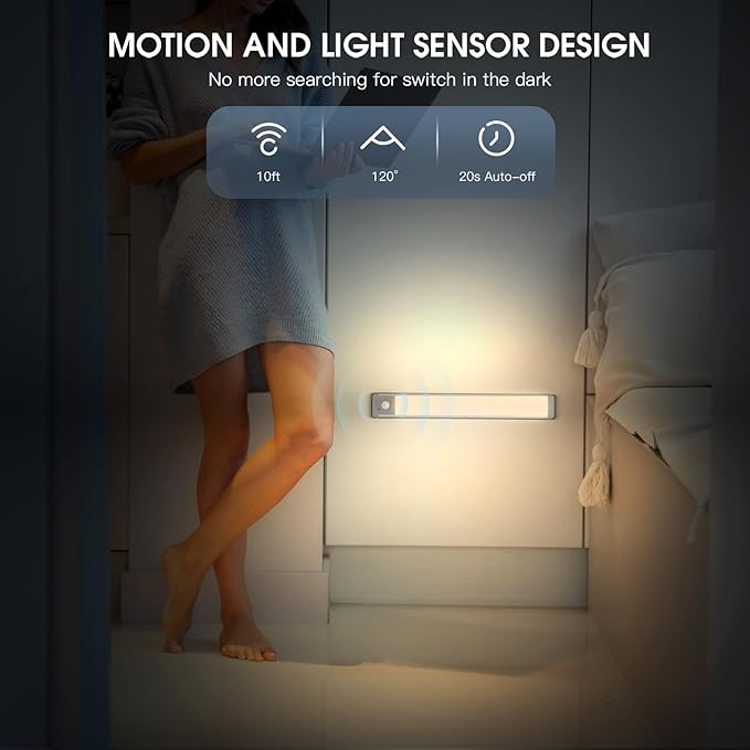 MCGOR 10inch Under Cabinet Lighting, 2 Pack Rechargeable Motion Sensor Light Indoor, 5 Levels Dimmable Magnetic Closet Lights, Wireless Under Counter Lights for Kitchen, Stairs - Image 4
