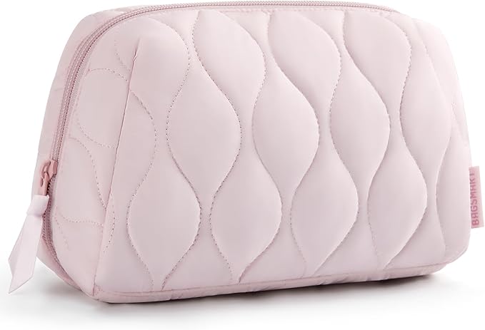 BAGSMART Makeup Bag, Travel Cosmetic Bag, Puffy Padded Make up Bag for Women, Makeup Organizer Case, Wide-open Pouch Purse, Travel Essentials, Toiletries Accessories Brushes, Pink by BAGSMART