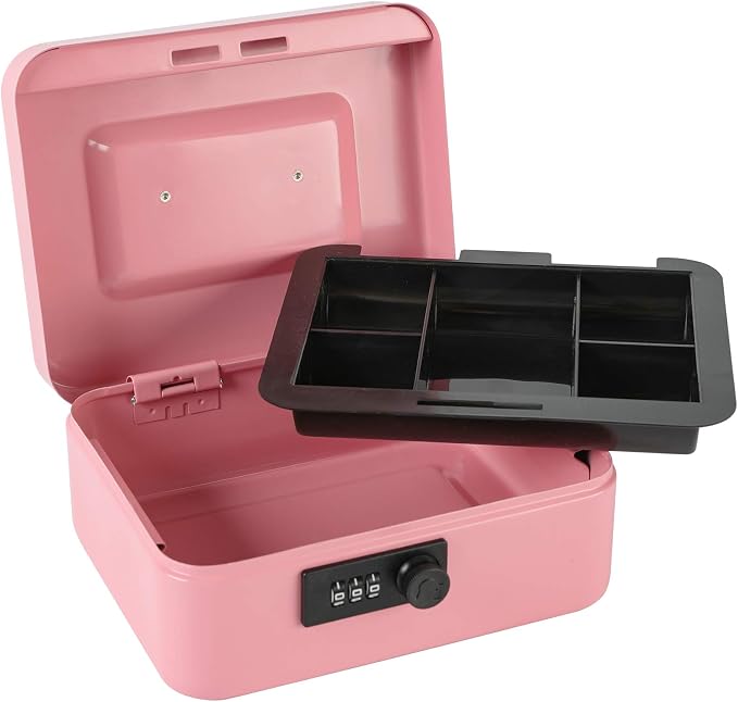 xydled Steel Cash Box Safe with Combination Lock,Money Safe Box with Removable Coin Tray,Medium,7.87"x 6.30"x 3.54",Pink - Image 5