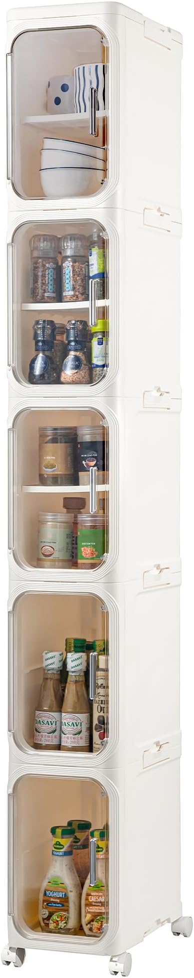 5-Tier Narrow Storage Cabinet Slim Bathroom Tall Skinny Organizer，Beige | Foldable Storage Cabinet with Lockable Rolling Wheels Magnetic Clear Door Adjustable Detachable Shelves For Narrow Space by LXLXXL
