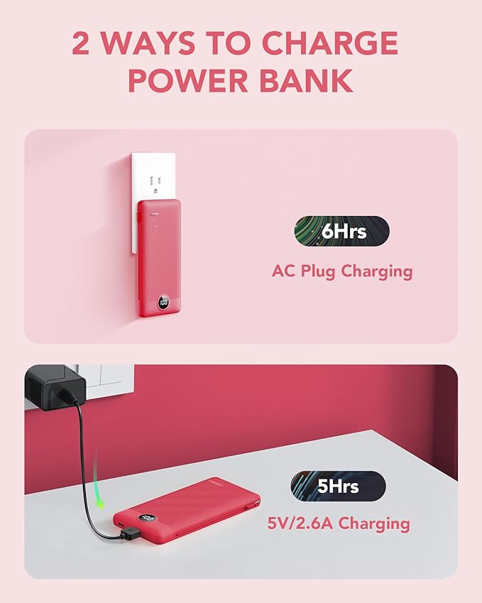 Portable Charger Built-in Cables and AC Wall Plug, VRURC USB C Power Bank 10000mAh, Travel Battery Portable Phone Charger Compact Lightweight External Battery Pack for SmartPhones,Tablets-Viva Magenta - Image 5