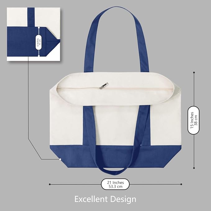 TOPDesign 30-Pack Canvas Tote Bags with an External Pocket, Reusable Grocery Shopping Bags, Top Zipper Closure, Daily Essentials (Blue/Natural) - Image 5