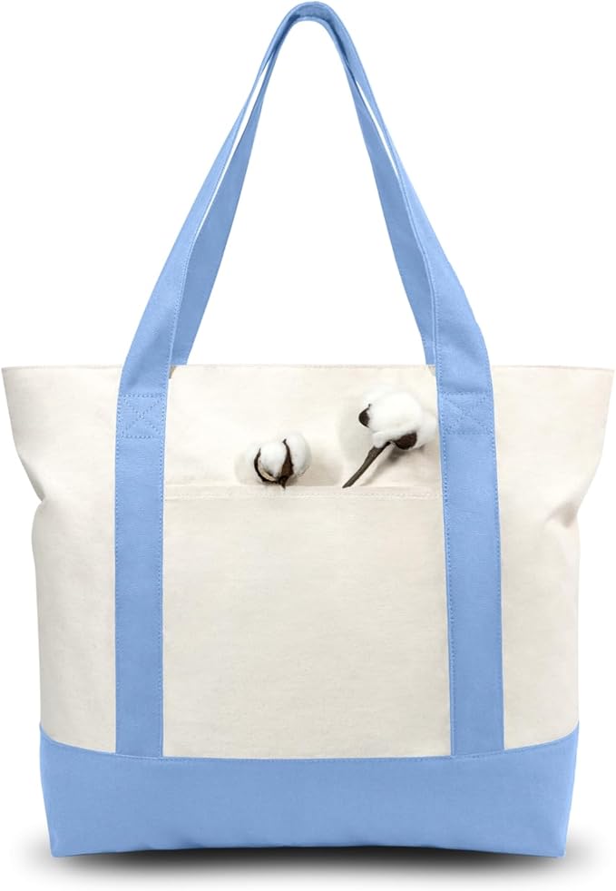 TOPDesign 30-Pack Canvas Tote Bags with an External Pocket, Reusable Grocery Shopping Bags, Top Zipper Closure, Daily Essentials (Light Blue/Natural) by TOPDesign