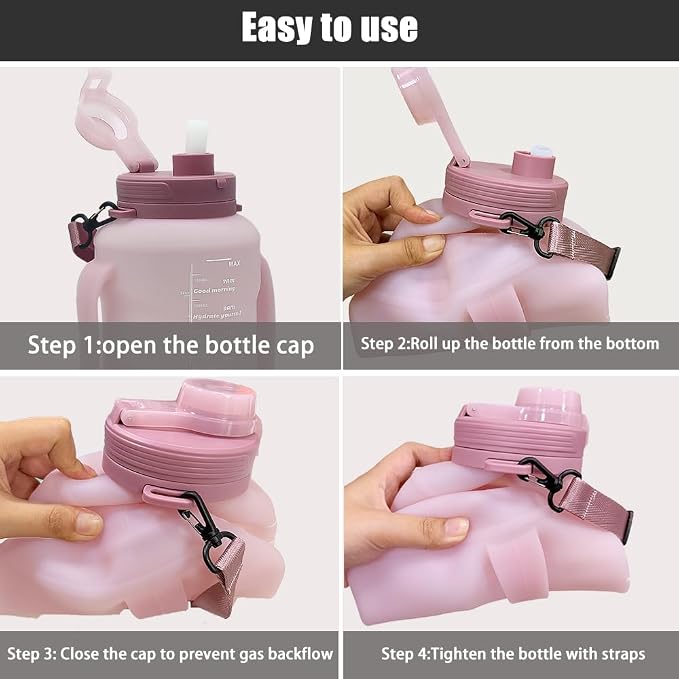 64oz Collapsible Silicone Water Bottle with Straw, BPA-Free,Foldable Water Jug with Handle for Gym, Hiking, Camping,Fishing (Pink) - Image 6