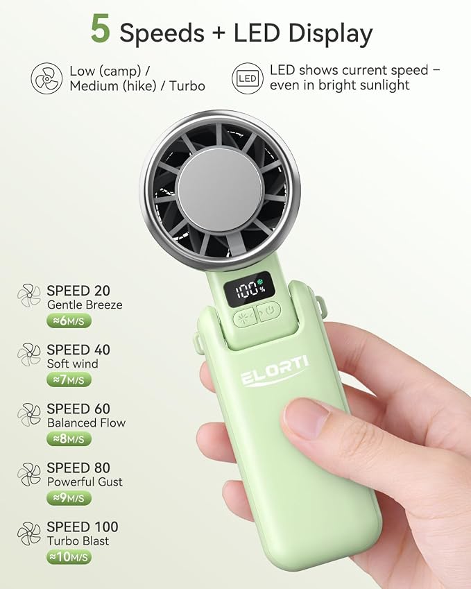 Portable Handheld Fan, USB Fan with Turbo & Ice Cooling, 5-Speed 4000mAh Rechargeable, 3-in-1 Mini Electric Fan, Lightweight & Compact for Outdoor, Camping, for Men & Women -Green - Image 4