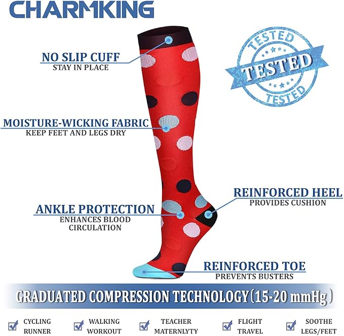 CHARMKING Compression Socks for Women & Men Circulation (8 Pairs) 15-20 mmHg Best Calf Socks Support for Athletic Cycling - Image 4