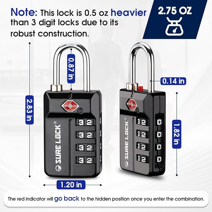 SURE LOCK TSA Approved 4-Digit Resettable Combination Luggage Locks with Open Alert, Easy-Read Dials - for Luggage, School Lockers, Gym, Office, Toolbox & Security Cases (Black 2 Pack) - Image 4
