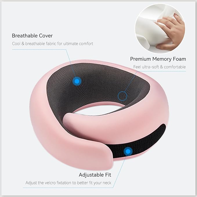 Travel Neck Pillow for Airplanes, 100% Pure Memory Foam Travel Pillow with Ergonomic 360° Support, Travel Essentials for Long Flights, Car, Train and Home, Max Pink - Image 2