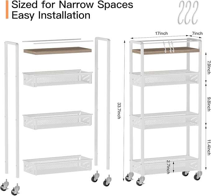 DGSNADGO Slim Rolling Storage Cart, 4-Tier Narrow Kitchen Cart with Wheels | Metal Mobile Snack Shelving, Skinny Rolling Spice Rack for Small Space in Kitchen, Living Room, Bathroom, Beige and White - Image 4