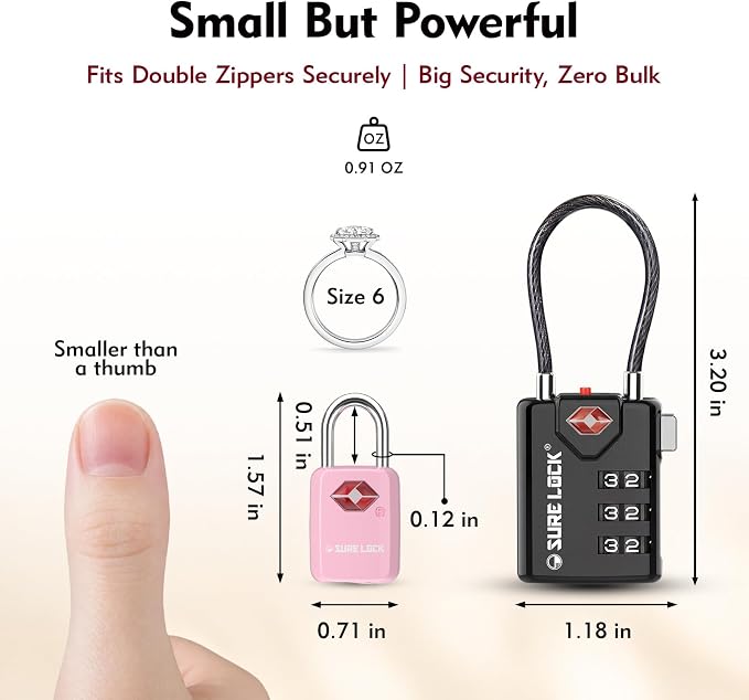 SURE LOCK Mini TSA Approved Keyed Luggage Lock – One Key Opens All, Fits Tight Zipper Gaps & Small Pull Holes, Compact Travel Lock for Suitcases, Backpacks & Handbags - Image 3