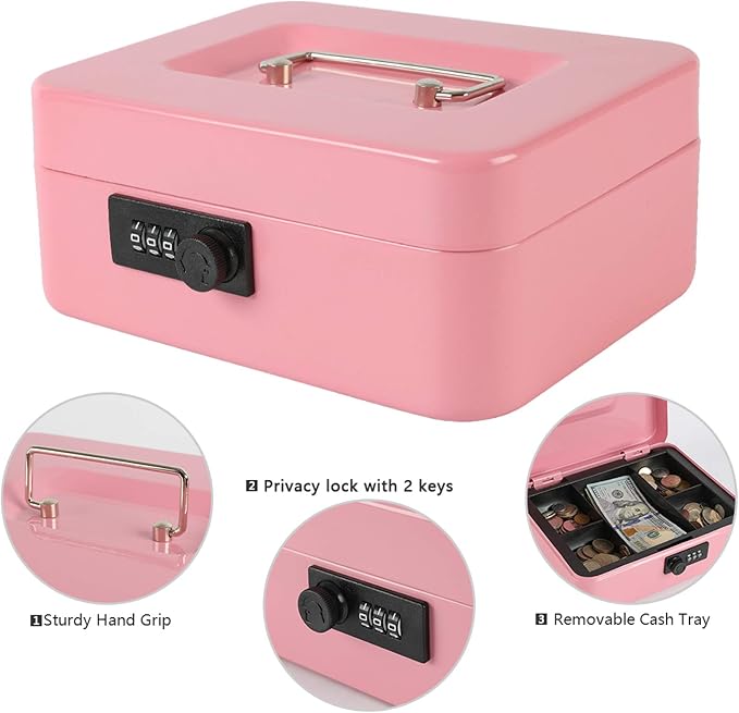 xydled Steel Cash Box Safe with Combination Lock,Money Safe Box with Removable Coin Tray,Medium,7.87"x 6.30"x 3.54",Pink - Image 6