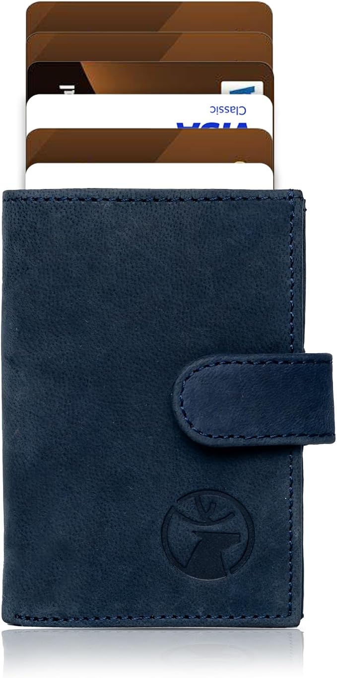 Anti-Theft Top Grain Leather RFID Card Holder Cum Minimalist Wallet for Men's and Women's (Navy Blue) - Image 2