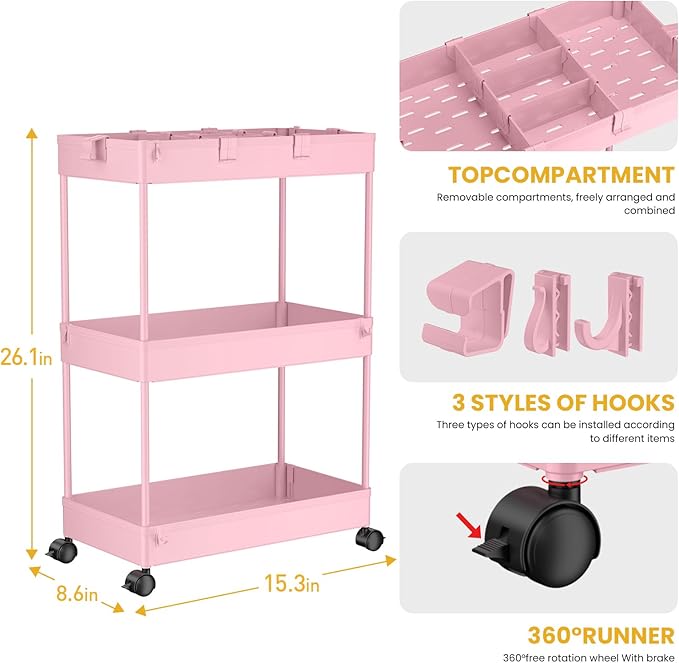 3 Tier Rolling Cart with Wheels, Storage Craft Art Trolley Organizer Serving, 3 Hanging Baskets Easy Assembly, for Office, Living Room, Kitchen, Pink - Image 3