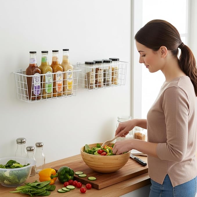 LeleCAT Hanging Kitchen Baskets For Storage Adhesive Sturdy Small Wire Storage Baskets No Drilling Wall Mounted Kitchen Food Pantry Bathroom Shelf Storage, 4 PACK,White - Image 3