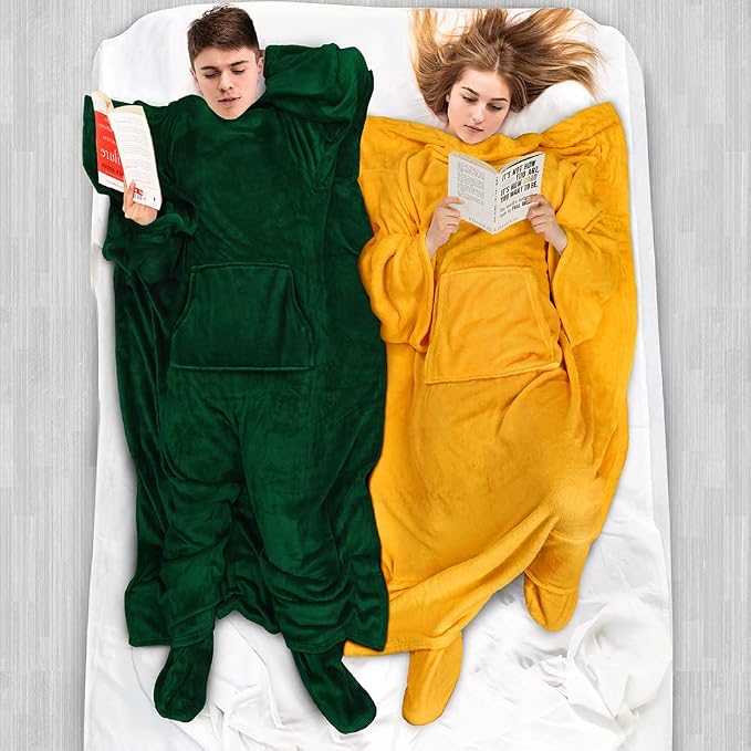 PAVILIA Fleece Blanket with Sleeves, Foot Pockets for Women Men Adults, Plush Wearable Blanket Throw Wrap, Warm Snuggle Blanket Robe, Cozy Gift Ideas Wife Mom, Mustard Yellow - Image 5