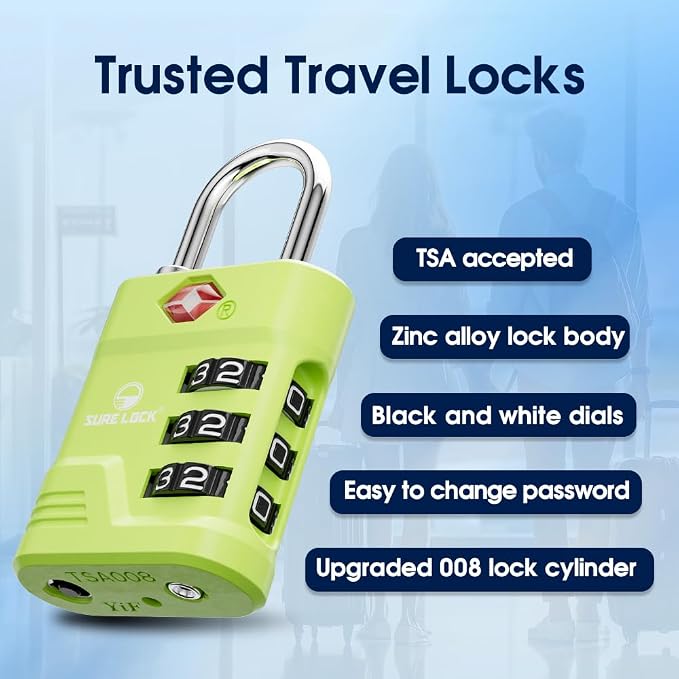 SURE LOCK TSA Approved Luggage Lock – 3-Digit Resettable Combination Padlock with Open Alert Red Dot, Large Easy-Read Dials for Suitcases, Backpacks, Gym & School Lockers (Green 4 pk) - Image 4
