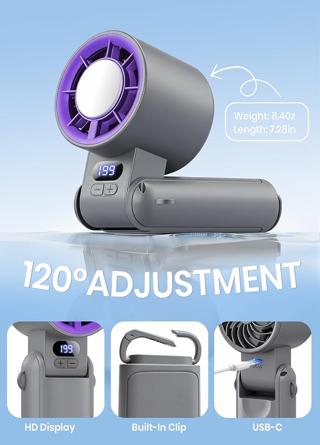Portable Handheld Turbo Fan, 1-199 Speed Adjustable, Grey Purple | 4 IN 1 Pocket Design with LED Display, High-Power Motor, Rechargeable Battery, Mini Fans for Indoor/Outdoor/Travel/Work - Image 7