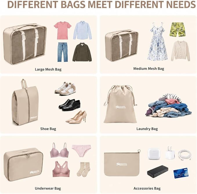 6 Set Packing Cubes, Luggage Packing Organizers for Travel Accessories, Carry on Suitcase Organizer Bags, Travel Essentials Luggage Accessories for Cruise Ship (Beige) - Image 3
