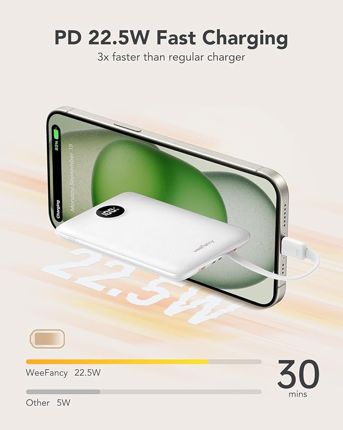 Mini Portable Charger with Built-in Cables 20W Fast Charging Power Bank USB-C Small Battery Pack 10000mAh Travel Essential Slim Battery for iPhone 17/16/15/14, Samsung 25/24, and More | 22.5W Fast Charging Power Bank Small Battery Pack Travel Essential... - Image 3