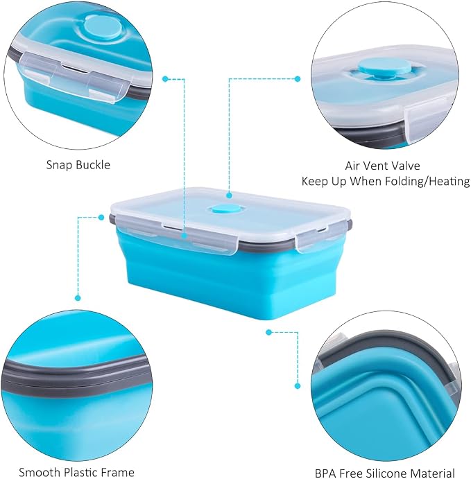 Collapsible Food Storage Containers with Airtight Lid & Air Vent, 40.5 oz, Kitchen Stacking Silicone Collapsible Meal Prep Container Set for Leftover, Microwave Freezer Dishwasher Safe, Blue, Set of 4 - Image 5