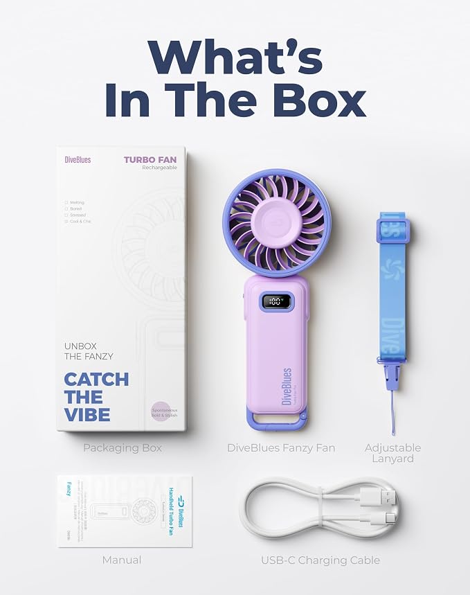 Diveblues Portable Turbo Fan, Purple Personal Neck Fan, Small Travel Fan | 7.4m/s High Speed, 180° Foldable 4-in-1, 100 Speed Stepless Control, USB-C Rechargeable - Image 7