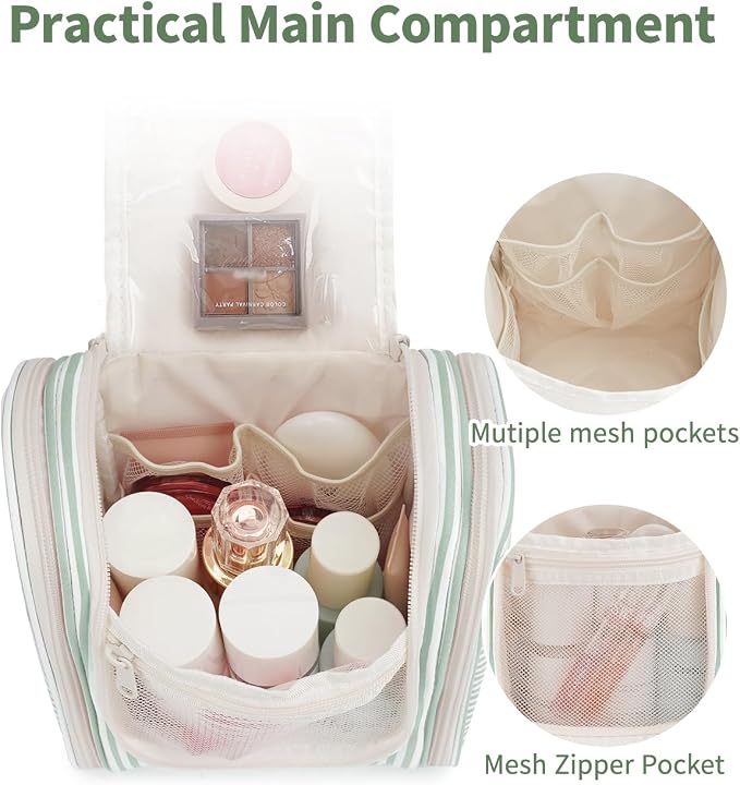 Narwey Small Striped Hanging Travel Toiletry Bag for Women, Travel Bag for Toiletries, Makeup Bag Organizer Cosmetic Bags Make Up Bags for Women (Mint Green Stripe) - Image 3