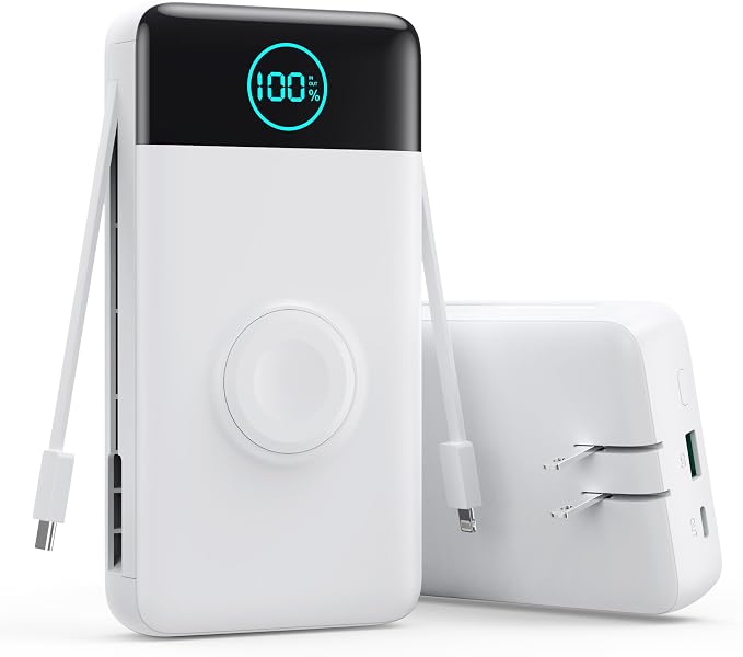 Portable Charger for iPhone, 40800mAh Power Bank with Built-in Cables & AC Wall Plug, 5 Outputs USB C Fast Charging External Battery Pack for iPhone 17/16/15/14, Android, Travel Essential (White) by AONIMI