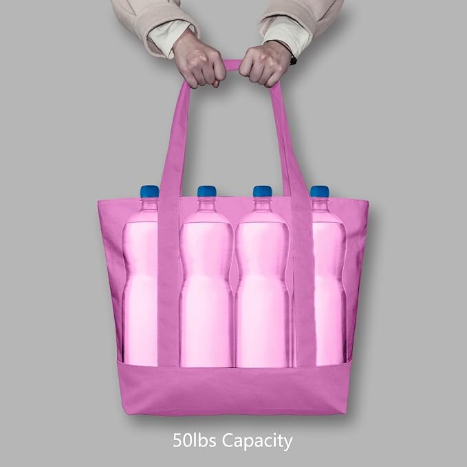 TOPDesign 3-Pack Canvas Tote Bags with an External Pocket, Reusable Grocery Shopping Bags, Top Zipper Closure, Daily Essentials (Light Purple) - Image 6
