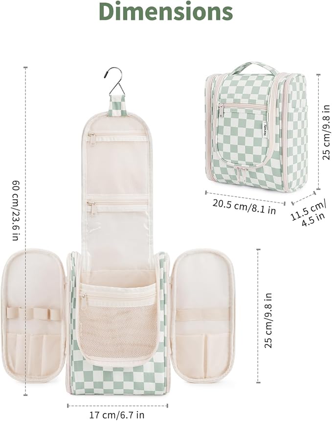 Narwey Hanging Travel Toiletry Bag for Women, Travel Bag for Toiletries, Checkered Makeup Bag Organizer, Cosmetic Make Up Bags for Travel Size Essentials, Skincare, Brushes (Mint Green Checkerboard) - Image 5