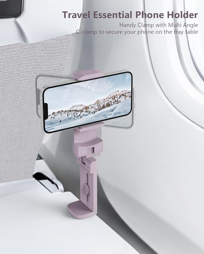 MiiKARE Travel Essentials Airplane Phone Holder, Universal Handsfree Phone Mount for Flying with 360 Degree Rotation, Travel Must Haves Phone Stand for Desk, Tray Table, Purple&Pink - Image 4