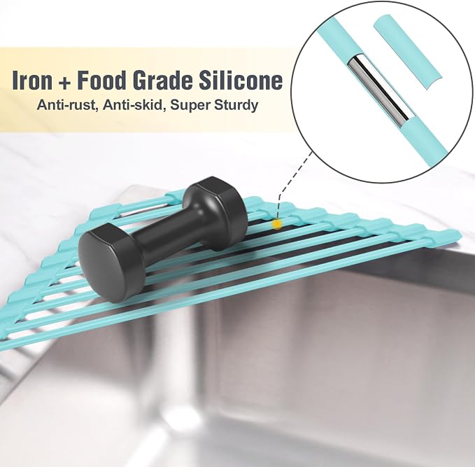 Tomorotec Roll Up Dish Drying Rack with Silicone Coating, Mint Green | 304 Stainless Steel with BPA-Free Silicone, Triangle Design Maximizes Sink Corner Space, Fits Compact Kitchens And RVs - Image 3