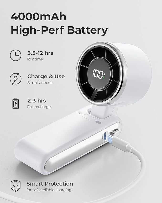 Portable Handheld Turbo Fan - 5 Gear High Speed 4000mAh Rechargeable Mini Personal Hand Fan Blow Cold Air, Battery Operated Travel Essentials, Beach Vacation, Gifts for Women, Men (White) - Image 5