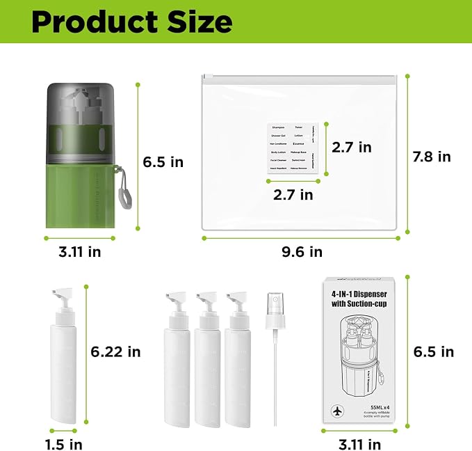 4 in 1 Travel Dispenser Bottle,TSA Approved Refillable Travel Size Toiletries Bottles Set with Suction Cup for Smooth Walls - for Shampoo,Conditioner,Body Wash,Lotion.(Green) - Image 5