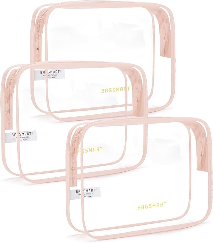 BAGSMART Clear Toiletry Bag 3-Pack TSA Approved Water-Repellent, Nude Pink | Carry on Travel Accessories Bag, Airport Airline Quart Size Bags for Women Men, Makeup Cosmetic Bag by BAGSMART