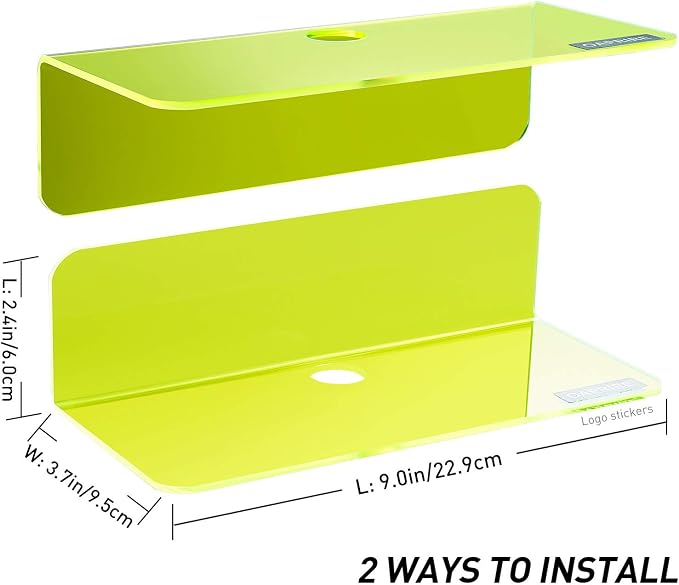 OAPRIRE 9 Inch Floating Wall Shelves Set of 2 - Personalize Expand Wall Space - Acrylic Small Wall Shelf for Bathroom, Bedroom, Living Room, Office, with Cable Clips - Clear Green | Strong Tape Adhesive Wall Shelf, Easy Installation, Hole Design with C... - Image 3