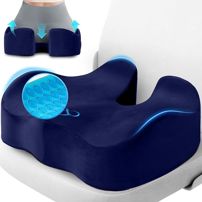 CushyOasis Seat Cushion, Office Chair Cushions, 5.28 in Thick (Blue) | Anti-Slip Back & Removable Cover, Ergonomic Tailbone Support Seat Cushion, Memory Foam Seat Cushion for Office by CushyOasis