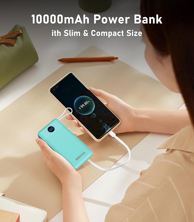 Portable Charger with Built in Cables, 10000mAh Power Bank, Battery Pack | 1 Pack, Slim, Travel Essentials, 4 Output 2 Input, for iPhone 17/16/15/14/13,Samsung, Android, etc-Green - Image 3