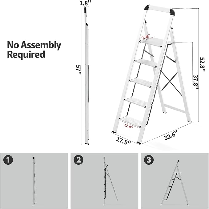 KINGRACK Aluminium 5 Step Ladder, Lightweight Step Stool with Non-Skid Pedals, Handrail, Foldable Step Ladder for Kitchen, Garage, Home, Space Saving, Sturdy and Portable, Silver - Image 9